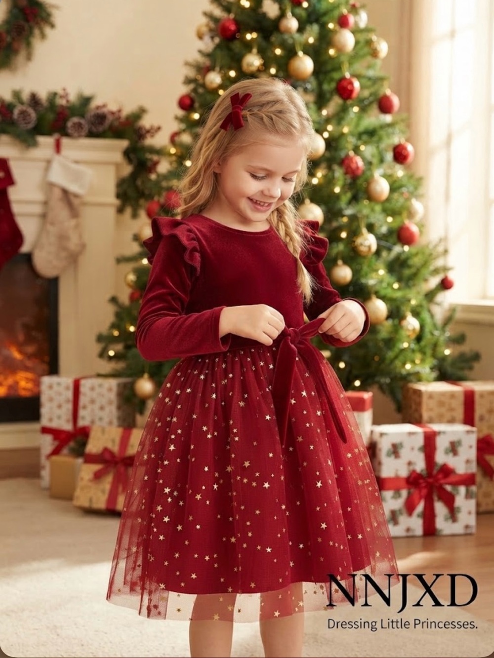 NWT ~ Girls' Soft Velvet & Star Tulle Party Dress ~ Size 130 (6-7)